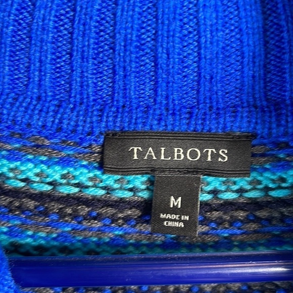 TALBOTS Lambswool Stripe Turtleneck Knit Sweater Cornflower Blue Chunky Prep M - Picture 7 of 10